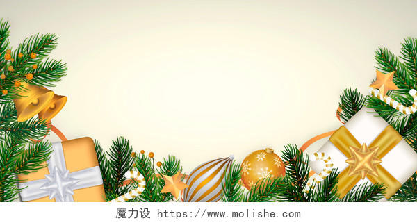 米黄色小清新绿色边框圣诞节背景